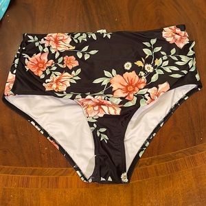 Black high waist floral with pink full bottom coverage large bikini bottom